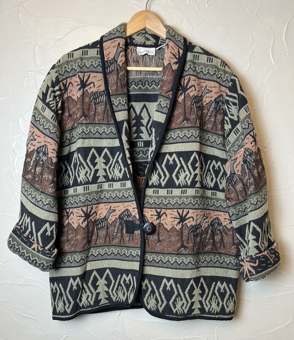 Vtg 90s Safari Tapestry Jacket by Flashback Women's Large Aztec Boho Coatigan